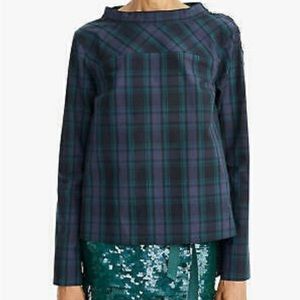 J Crew Black Watch Tartan Funnel Neck top with elegant jewel buttons.